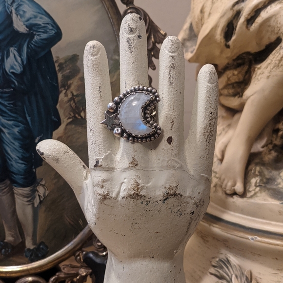 OOAK Sterling Silver Rainbow Moonstone Moon Ring - Picture 2 of 6